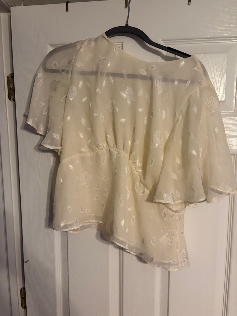 Express Sheer One-Shoulder Ruffle Blouse in Ivory